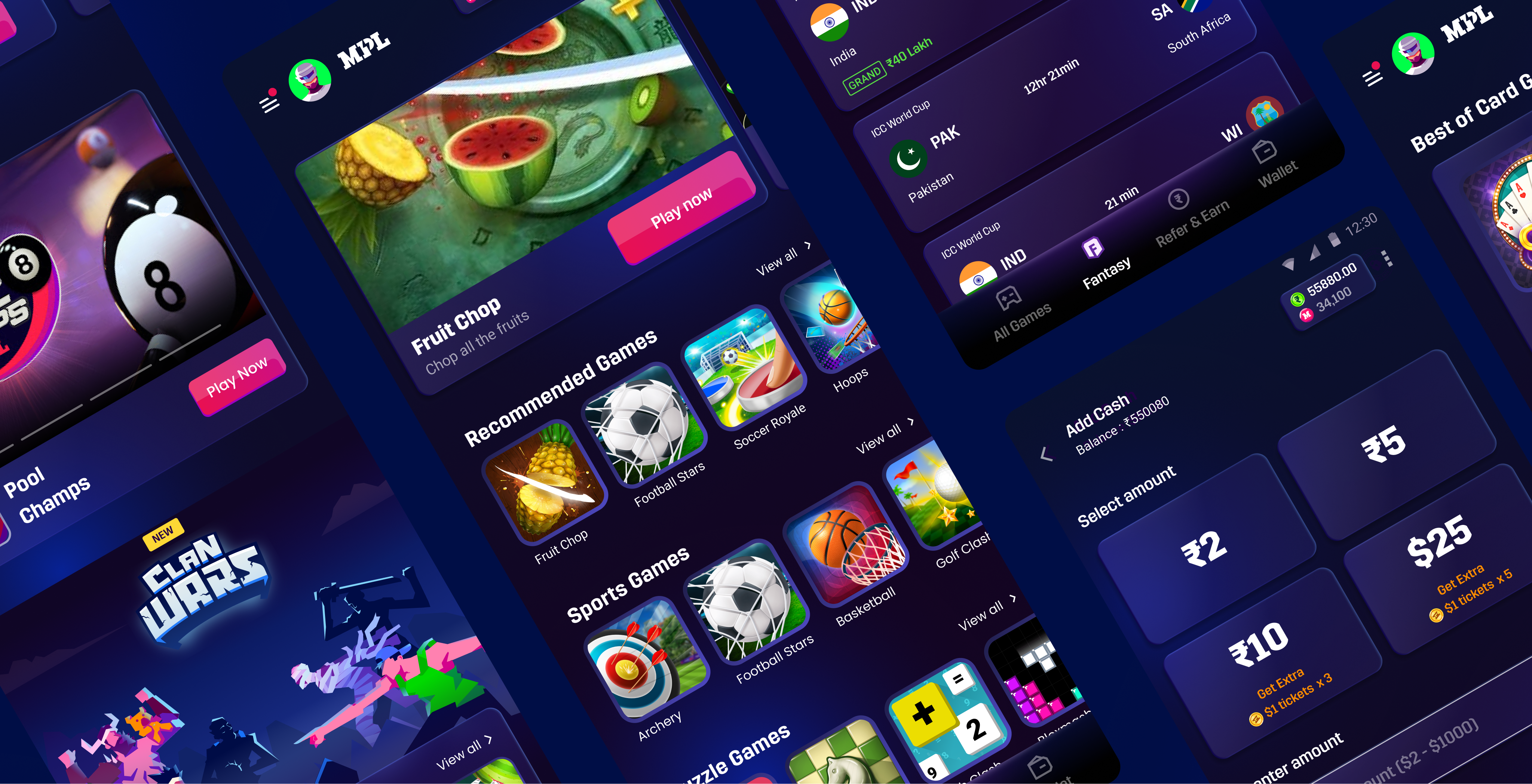 Angled collage of redesigned MPL app screens — home, fantasy and add cash