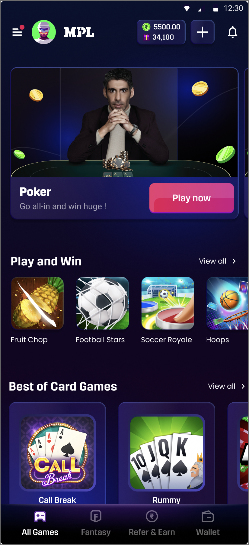 Redesigned MPL app home screen featuring Poker