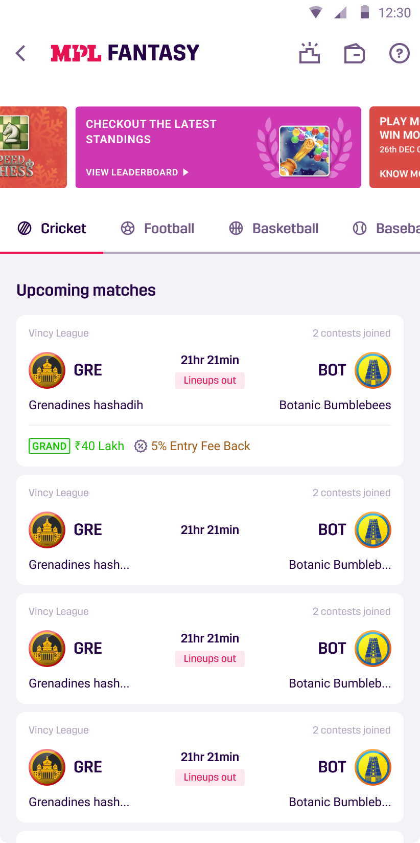 Old MPL fantasy screen — plain white layout