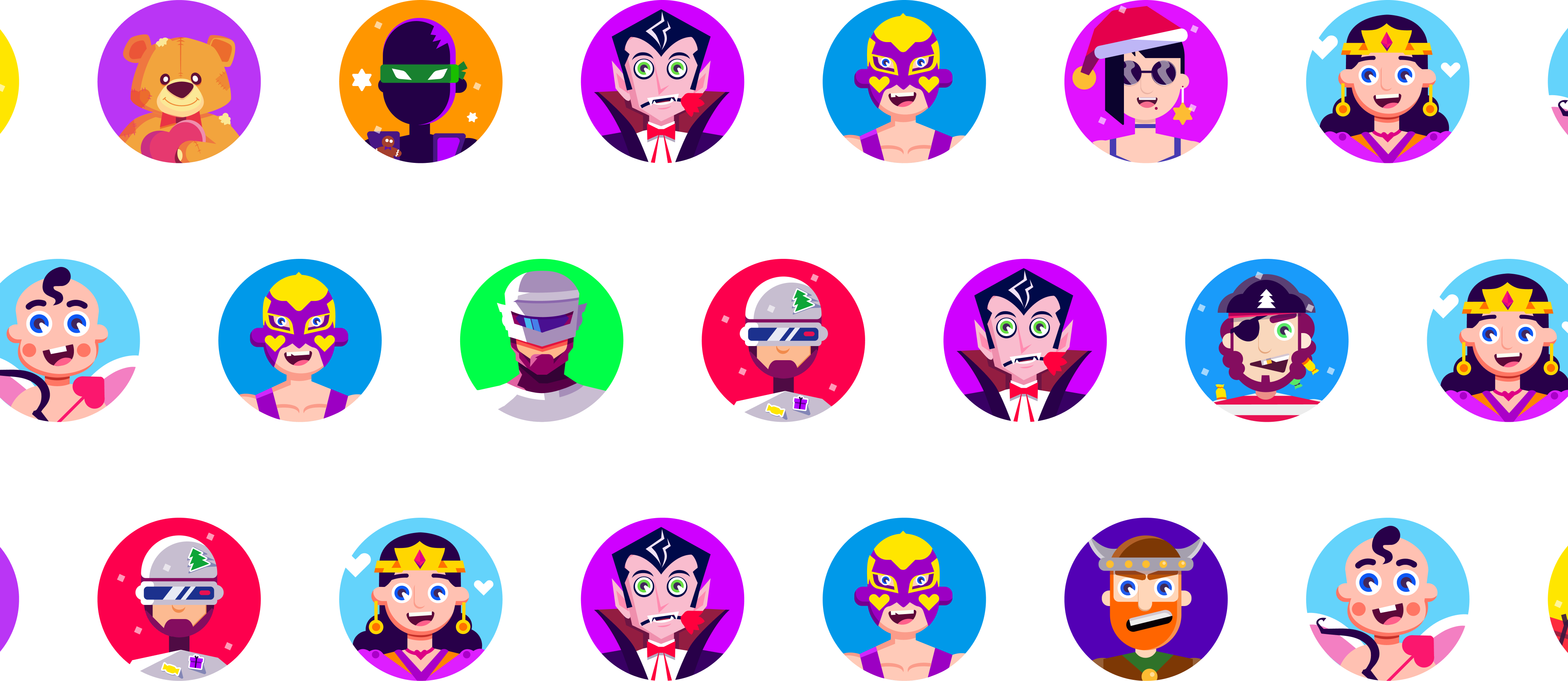 Grid of vibrant character avatars — vampire, luchador, ninja, pirate, viking and more