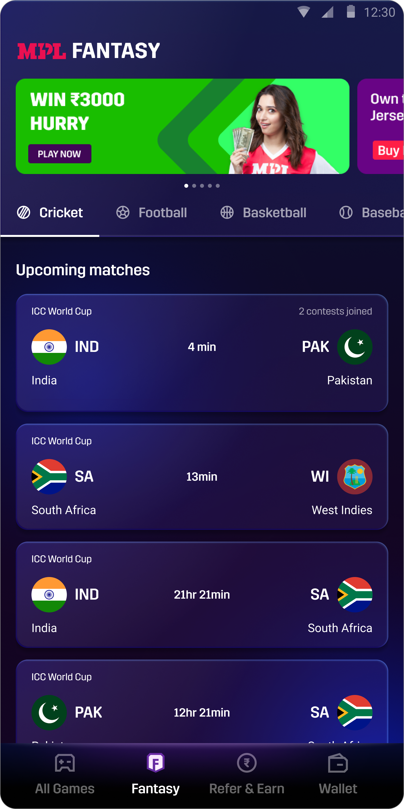 MPL Fantasy landing page with upcoming cricket matches