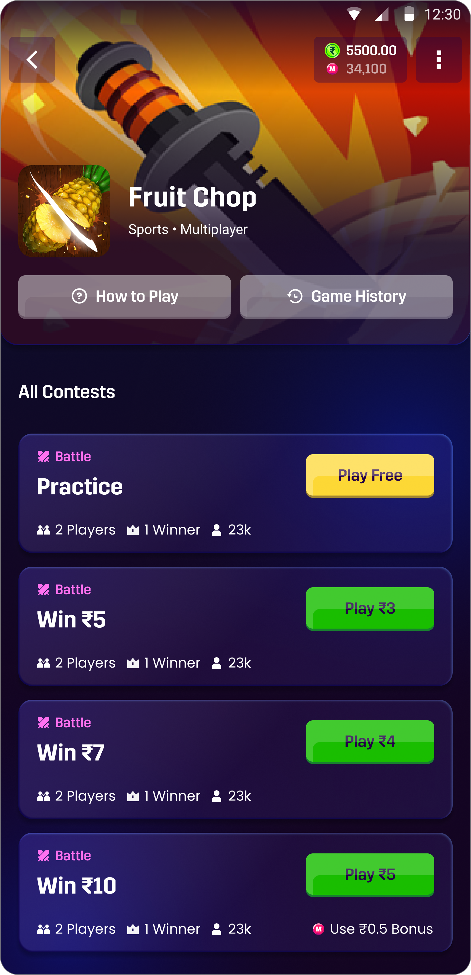 Fruit Chop game view page with contest list