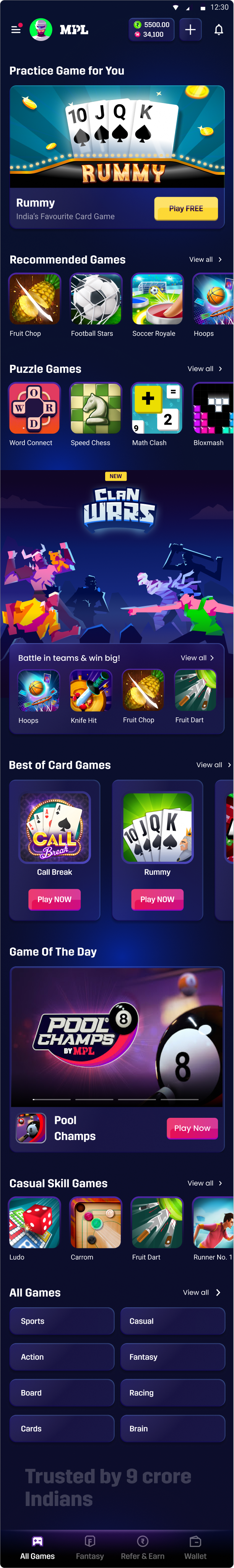 Full MPL homepage with practice game, recommended games, Clan Wars, card games and categories