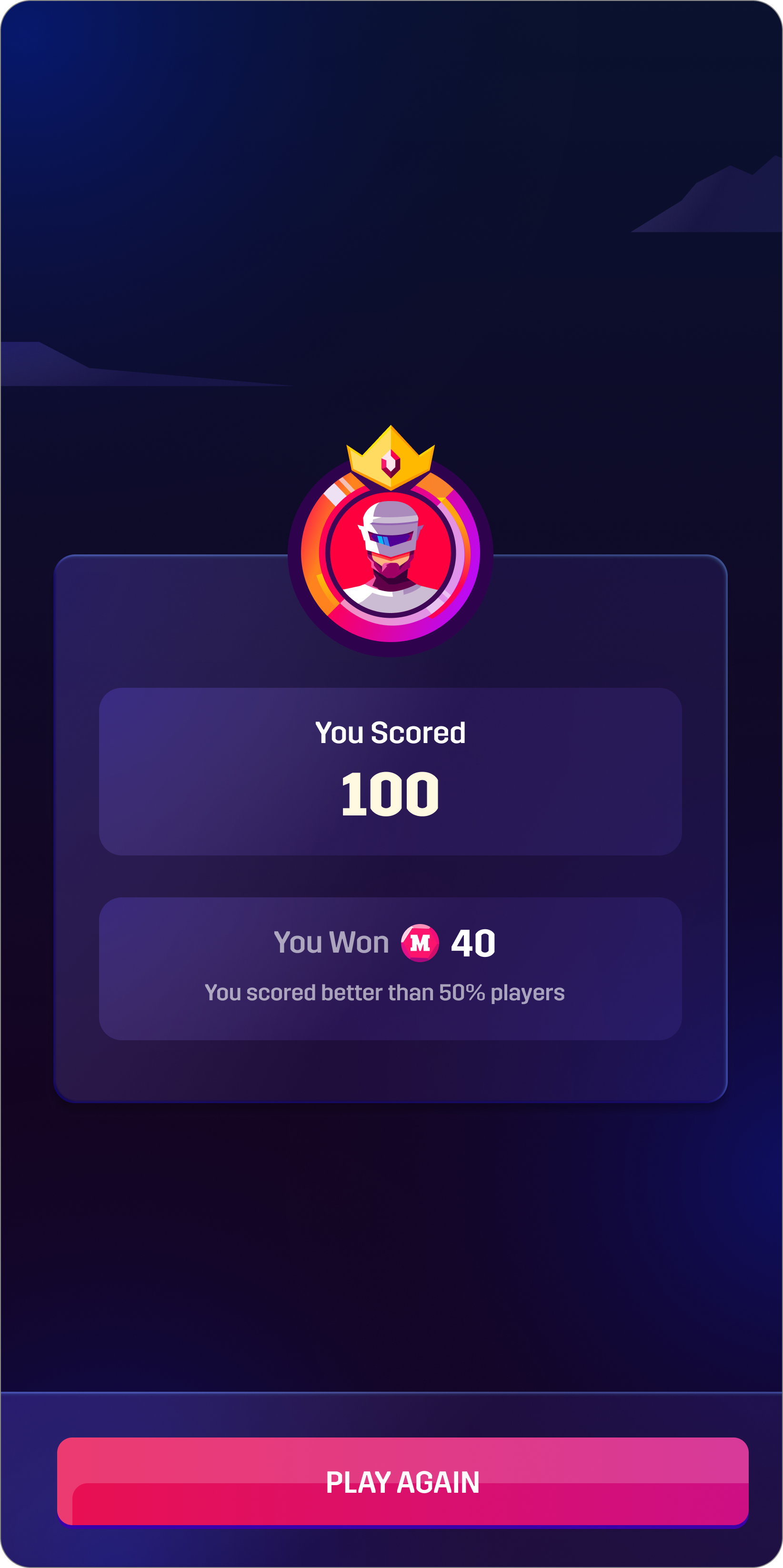 Result screen showing a score of 100 and winnings