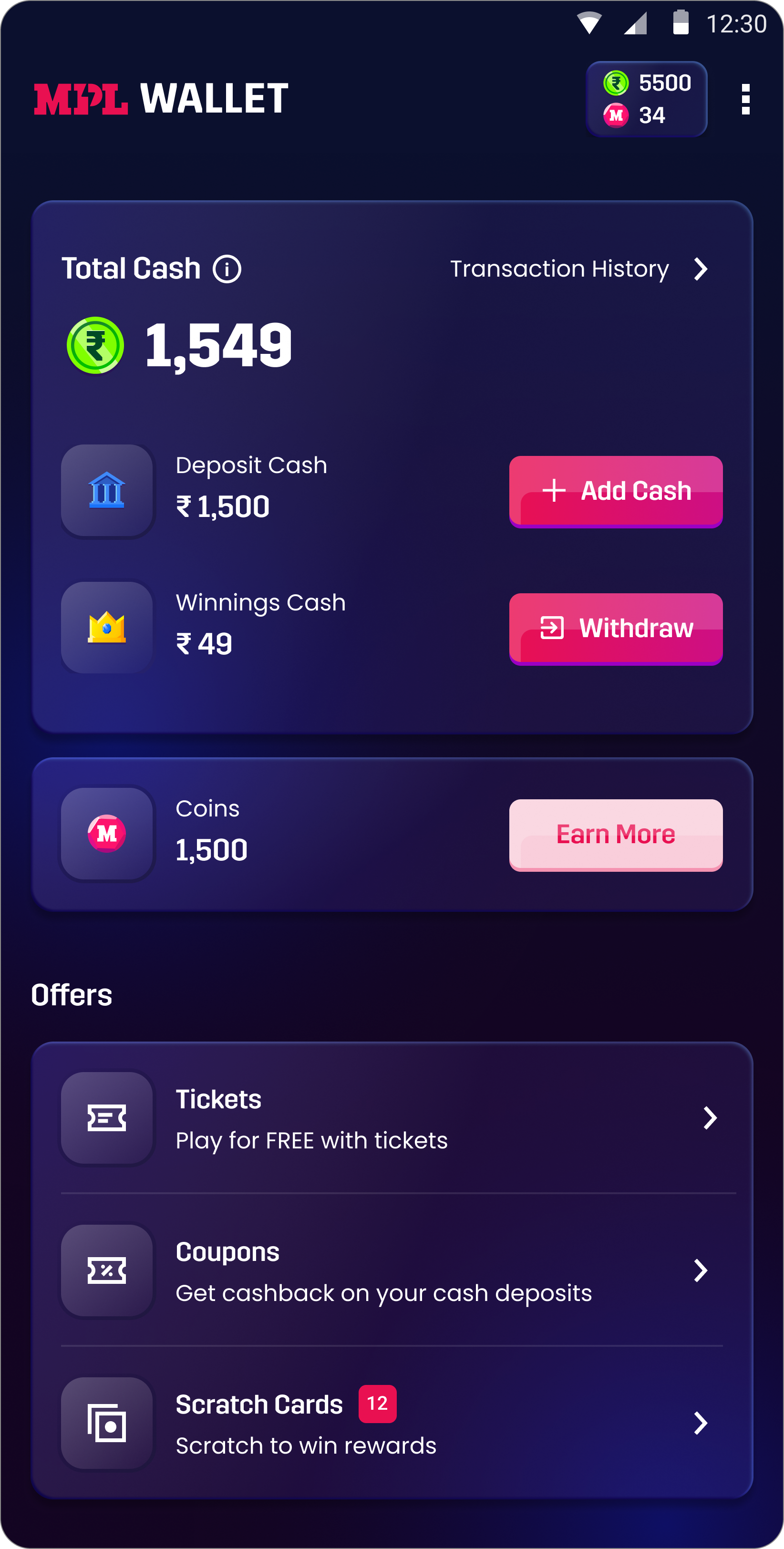 MPL Wallet screen showing total cash, deposit and winnings