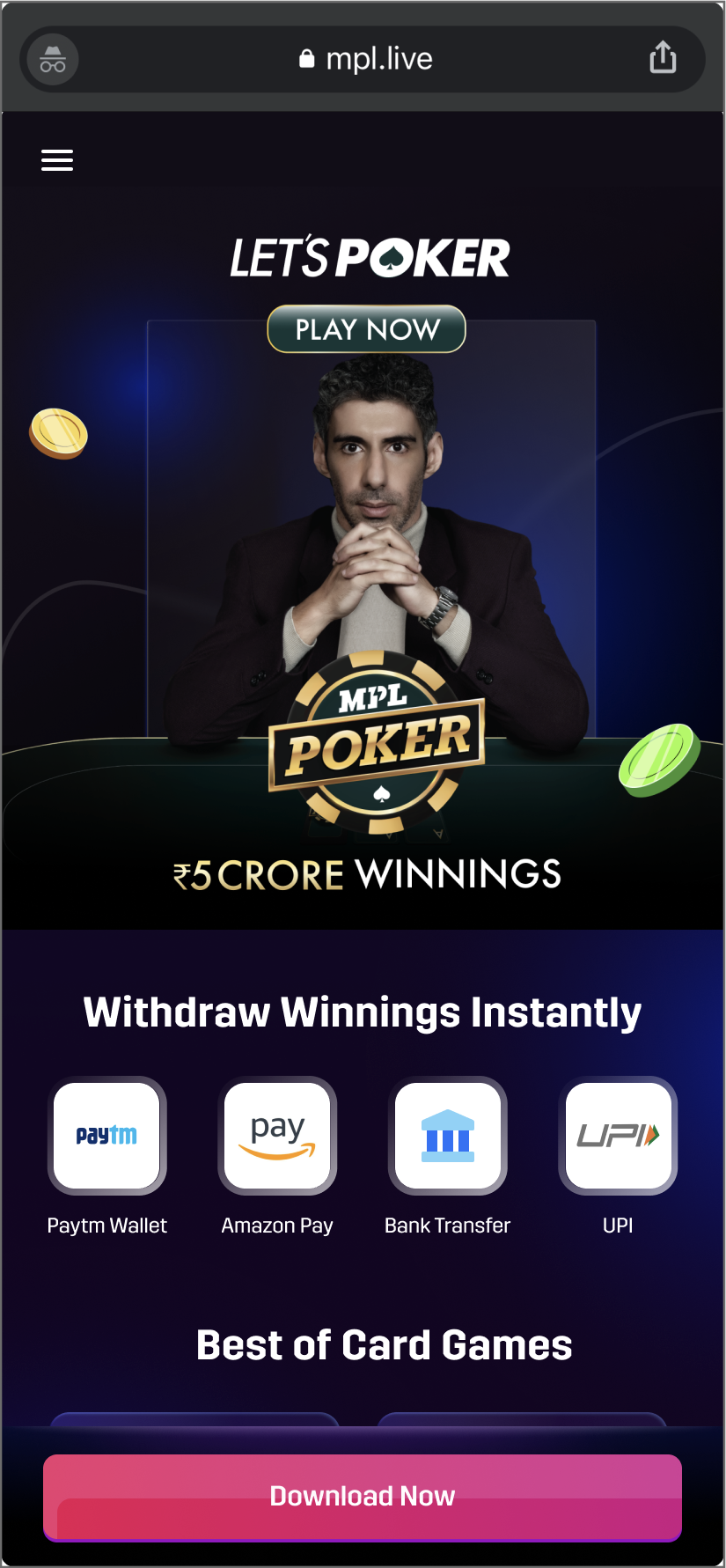 MPL Poker landing page on the mpl.live website